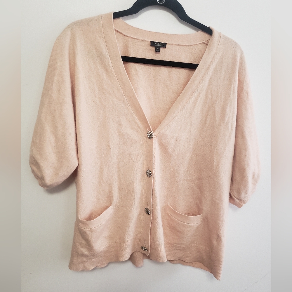 Talbots Rhinestone Button Cashmere Cotton Blend Soft Peach Cardigan~ Size XL